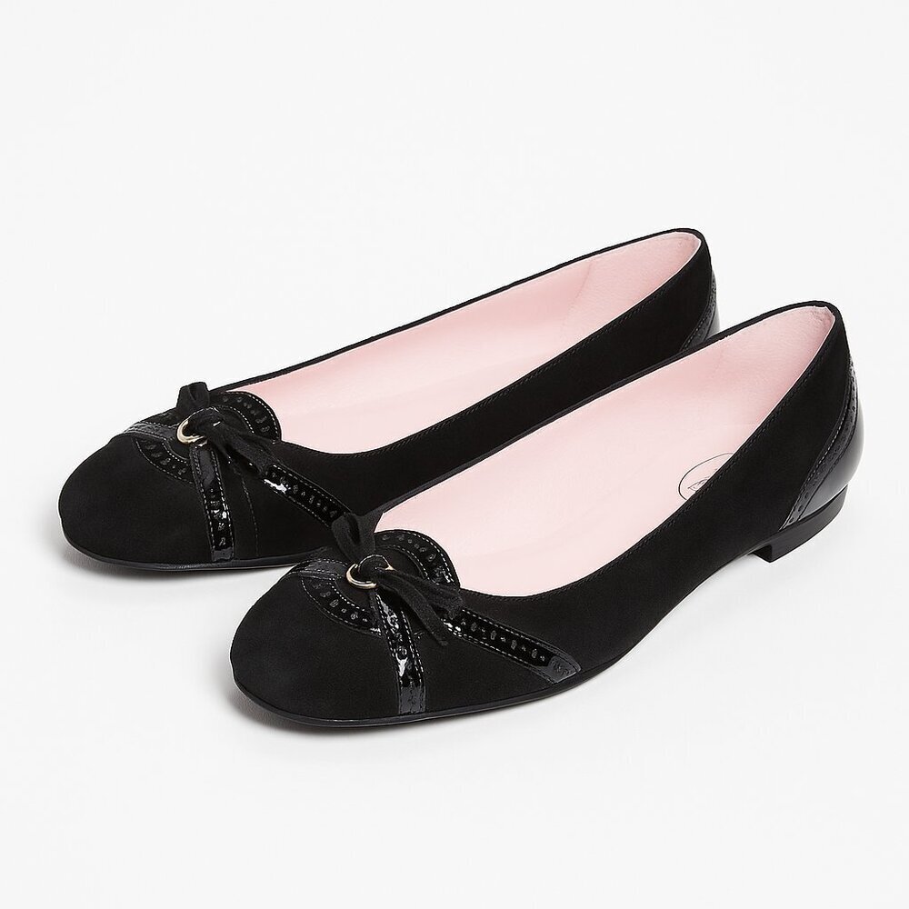 Talbots Black Suede Ballet Flats 9.5B – Patent Trim, Bow Detail, Made in Brazil